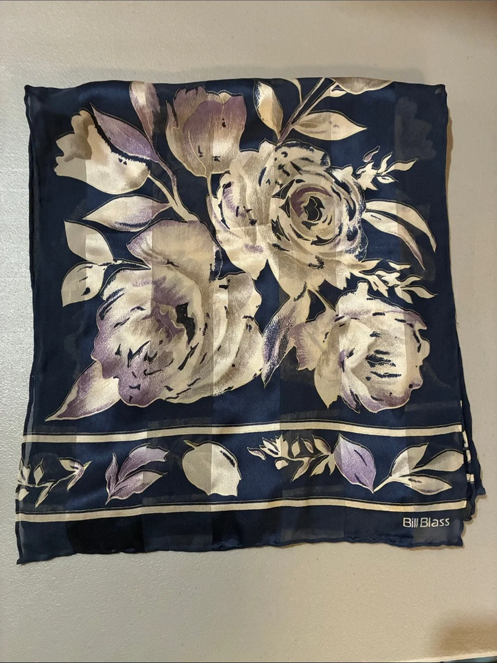 Bill Blass Navy Floral Satin Scarf - Navy, Cream & Lavender